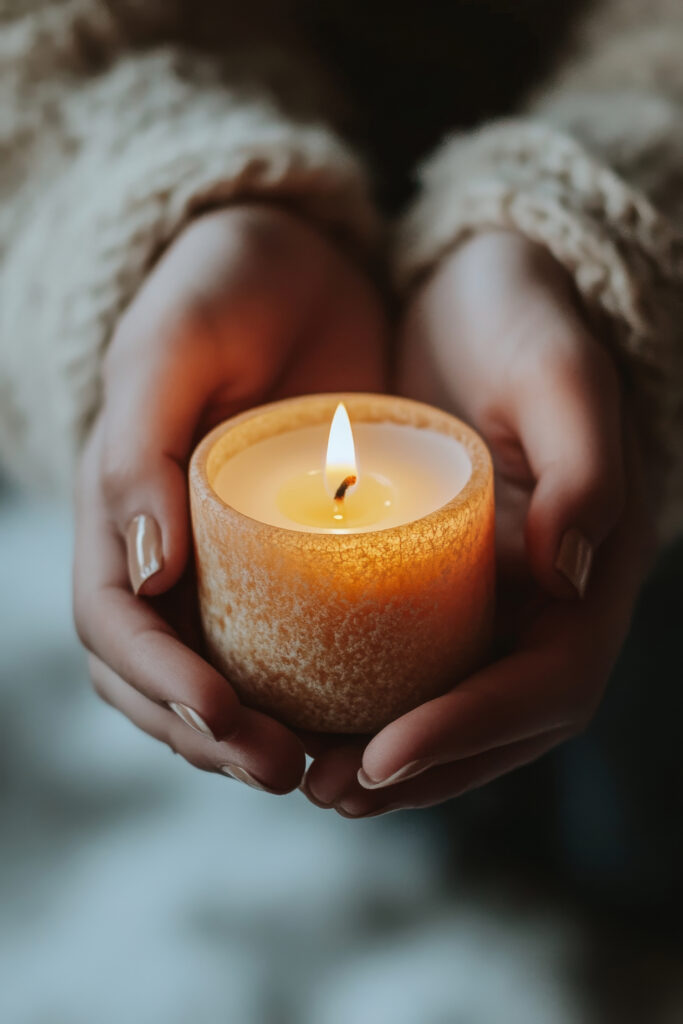 Close-up of hands holding a lit candle.